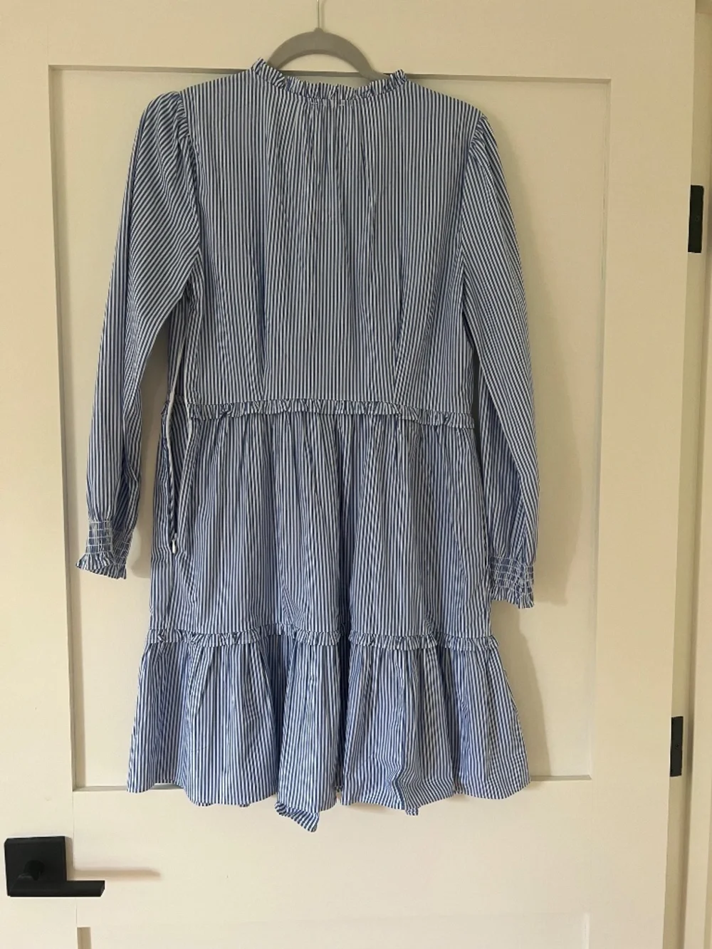 J Crew Factory Blue and White Striped Long Sleeve Dress with Ruffle Trim, NWT